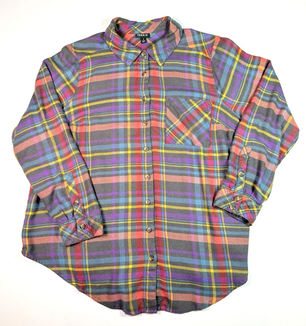 Torrid Lizzie Brushed Rayon Acrylic Plaid Flannel Women’s Top Size 1X(14/16)